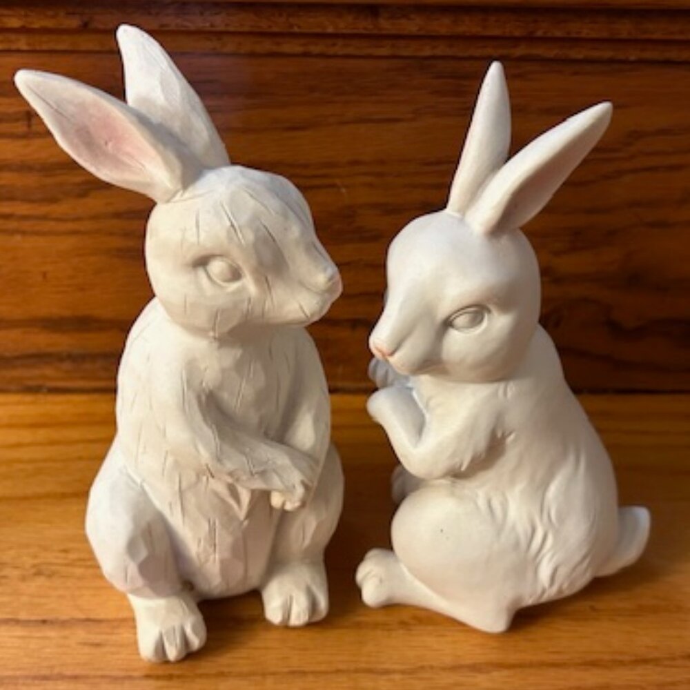 Set of Two Farmhouse-style Rabbit (or Bunny) Figures, White Simulated Wood